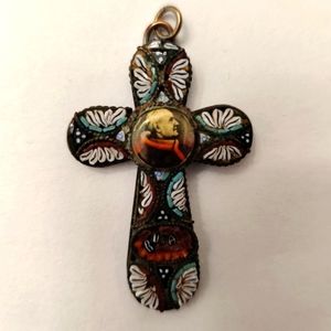 Antique 30s-40s Mosaic Cross w/Pope portrait